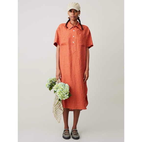 Caron Callahan | Striped Linen Henley Relaxed Midi Shirt Dress - Picture 5 of 16